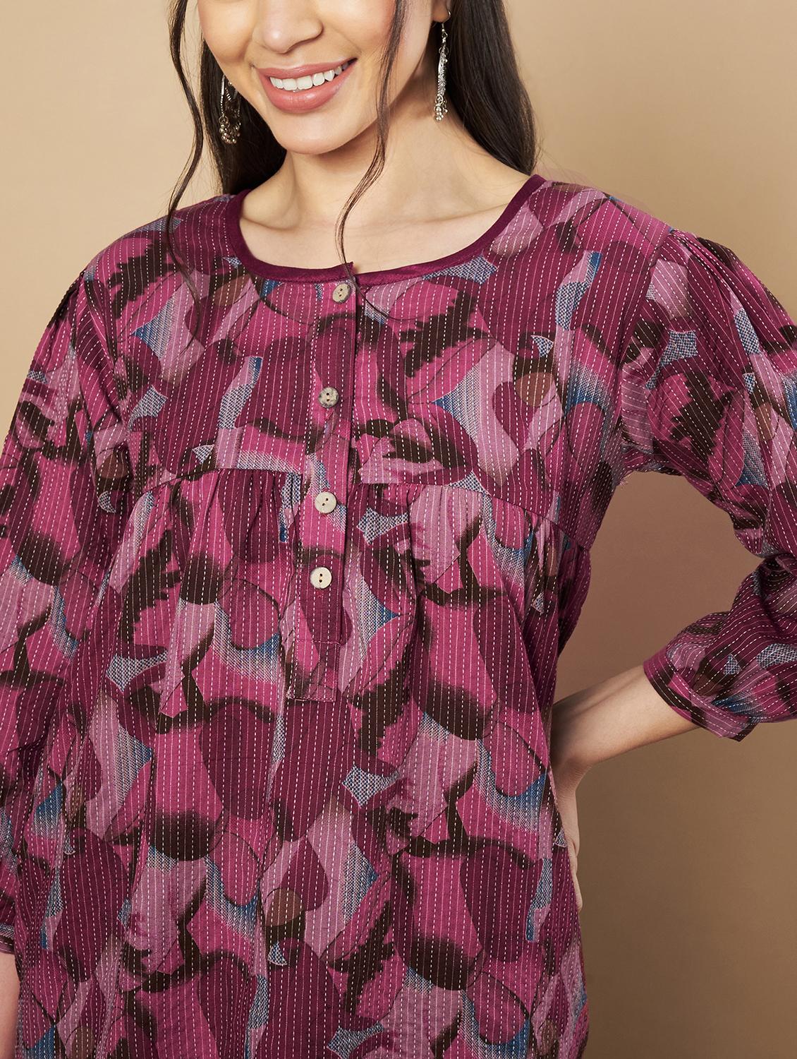 women printed puff sleeves a-line kurti - 21910107 - Standard Image - 2