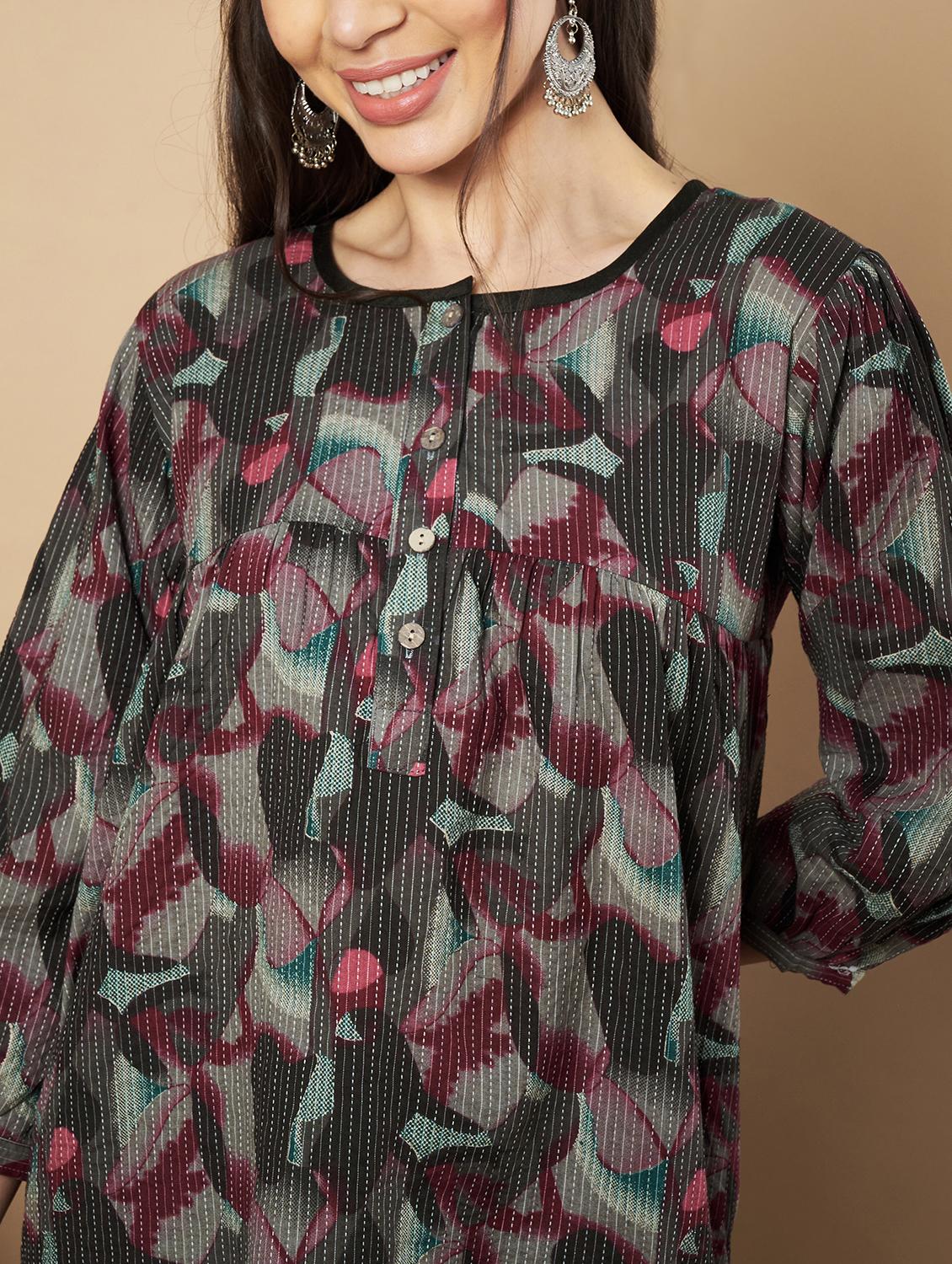 women printed puff sleeves a-line kurti - 21910109 - Standard Image - 2