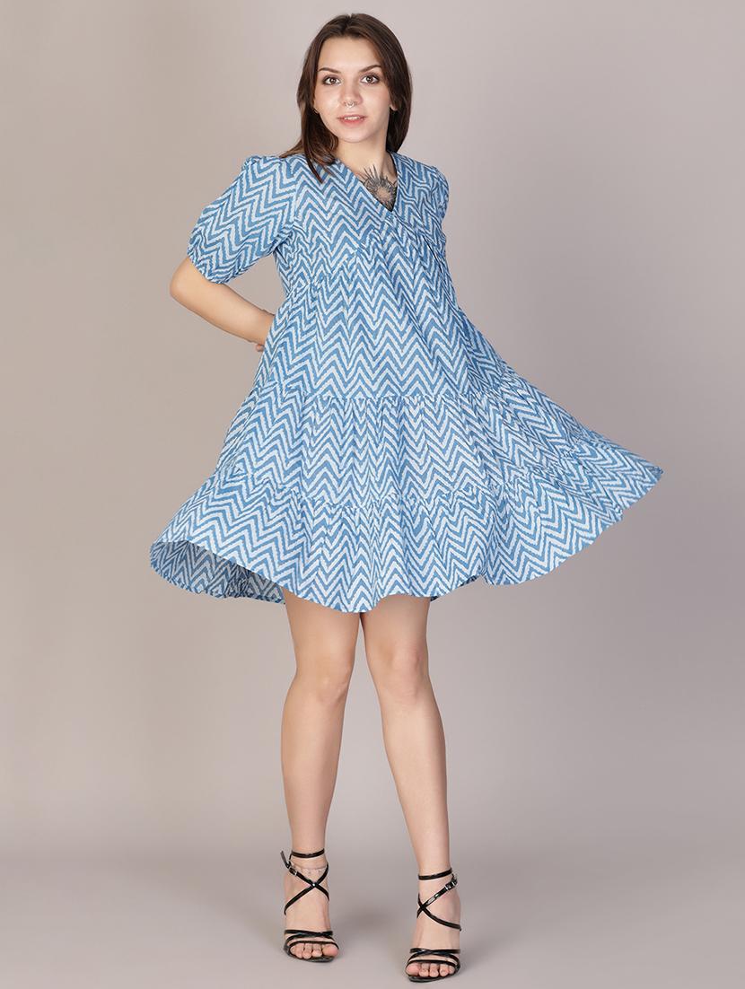 women blue printed puff sleeve tiered dress - 21910212 -  Zoom Image - 0