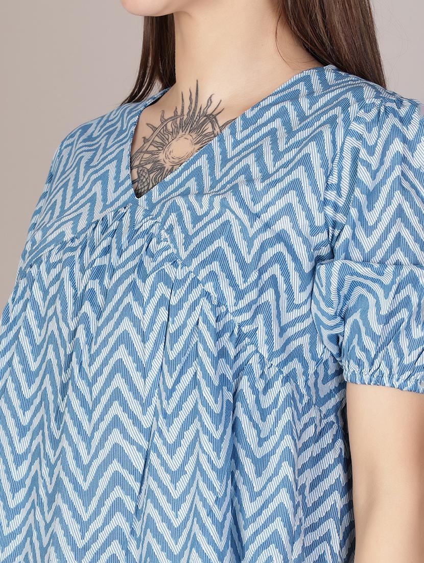 women blue printed puff sleeve tiered dress - 21910212 - Standard Image - 2