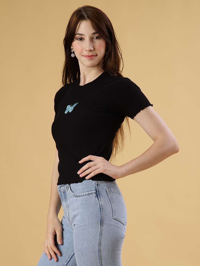 women solid with work round neck t-shirt - 21910294 -  Standard Image - 2