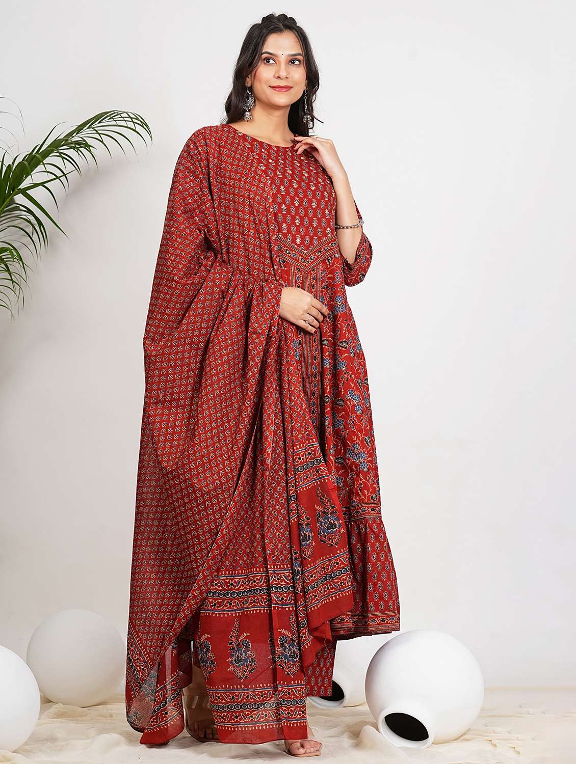 women three quarter sleeve anarkali kurta pant with dupatta set - 21910369 -  Standard Image - 2