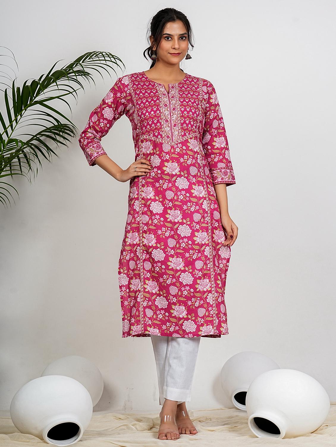 women floral printed three quarter sleeve straight kurta - 21910384 -  Zoom Image - 0