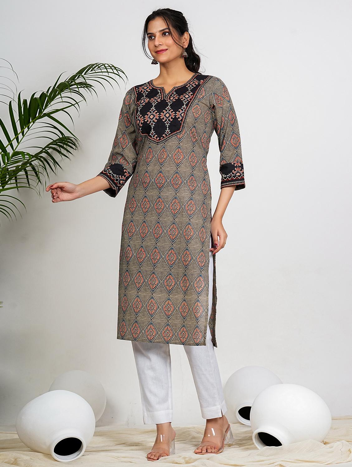 women printed three quarter sleeve straight kurta - 21910386 - Standard Image - 2