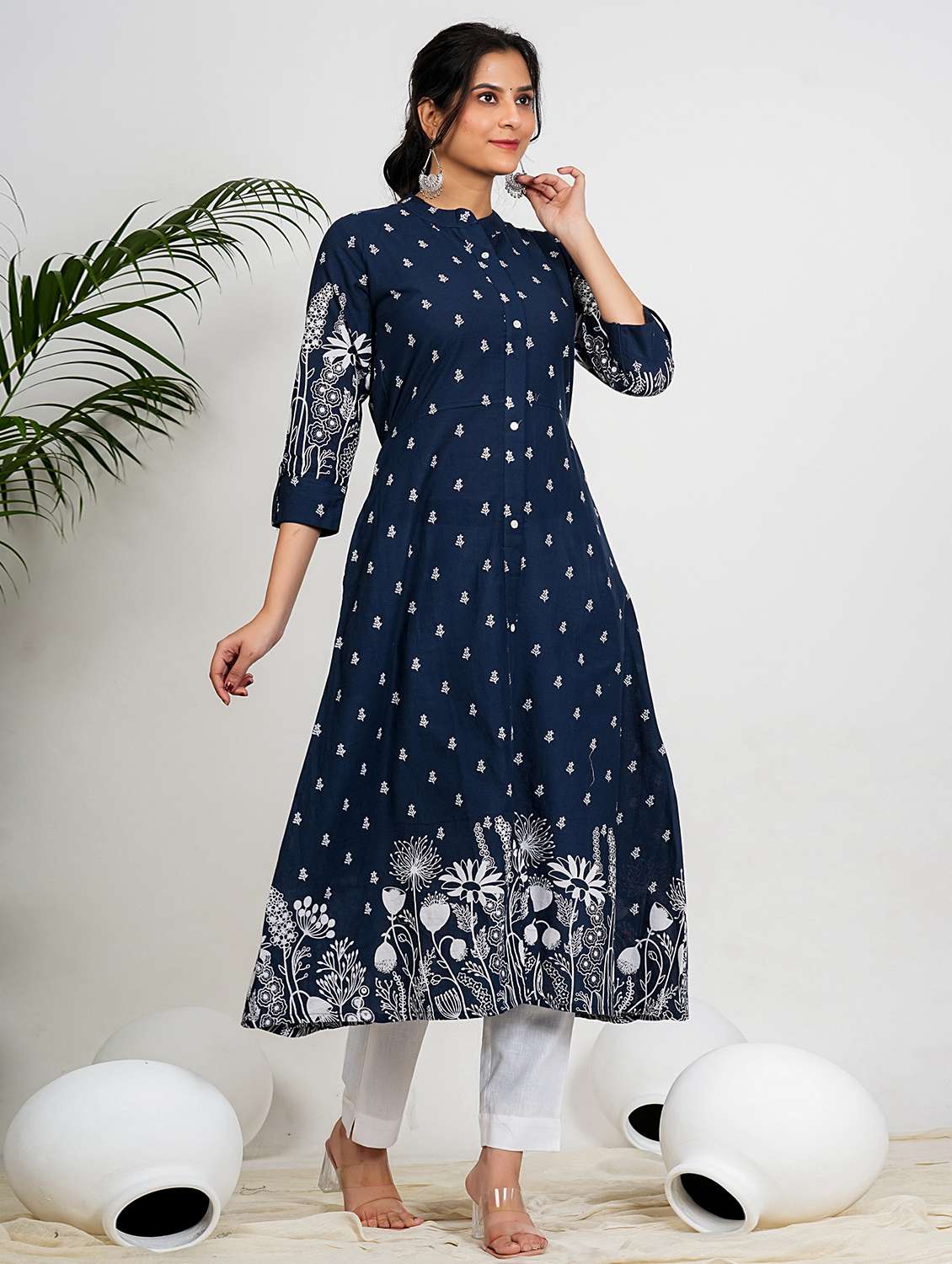 women printed three quarter sleeve a-line kurta - 21910402 -  Standard Image - 2