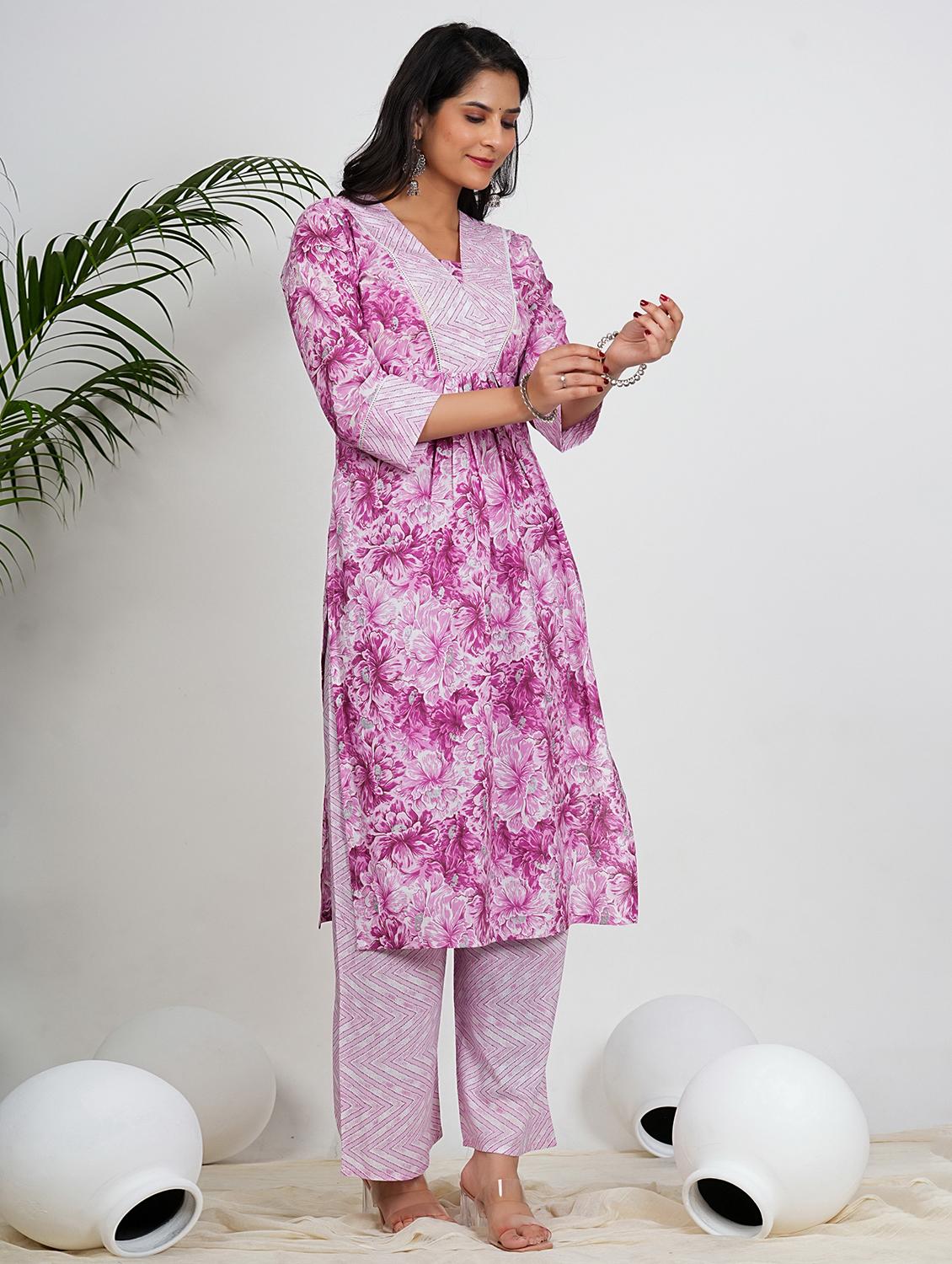 women floral three quarter sleeve kurta palazzo set - 21910413 - Standard Image - 2