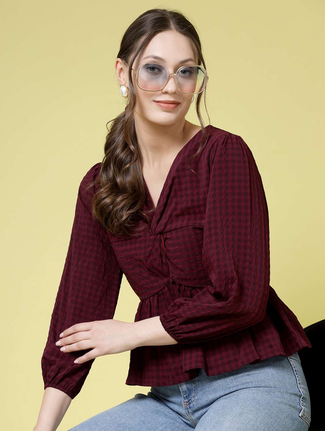 women checkered puff sleeves peplum top
