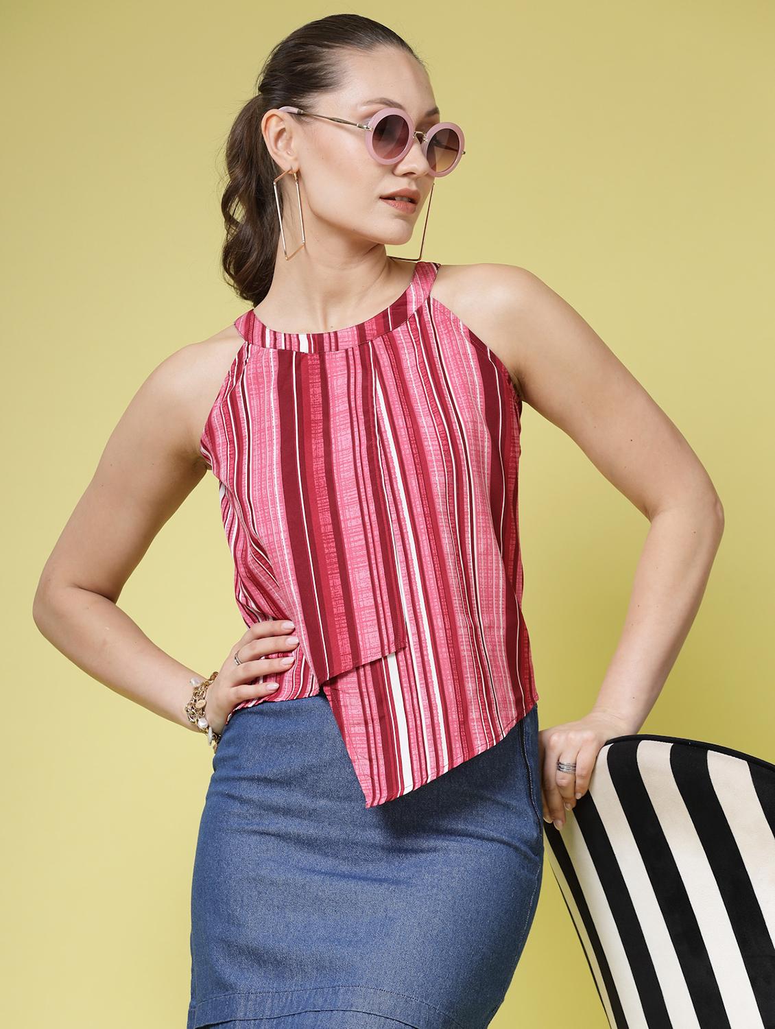women striped sleeveless asymmetric top - 21910510 - Zoom Image - 0