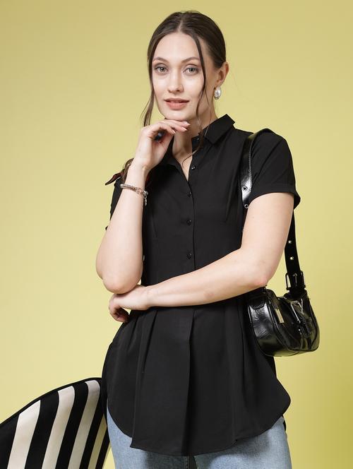women solid collared front pleated shirt - 21910520 -  Standard Image - 0