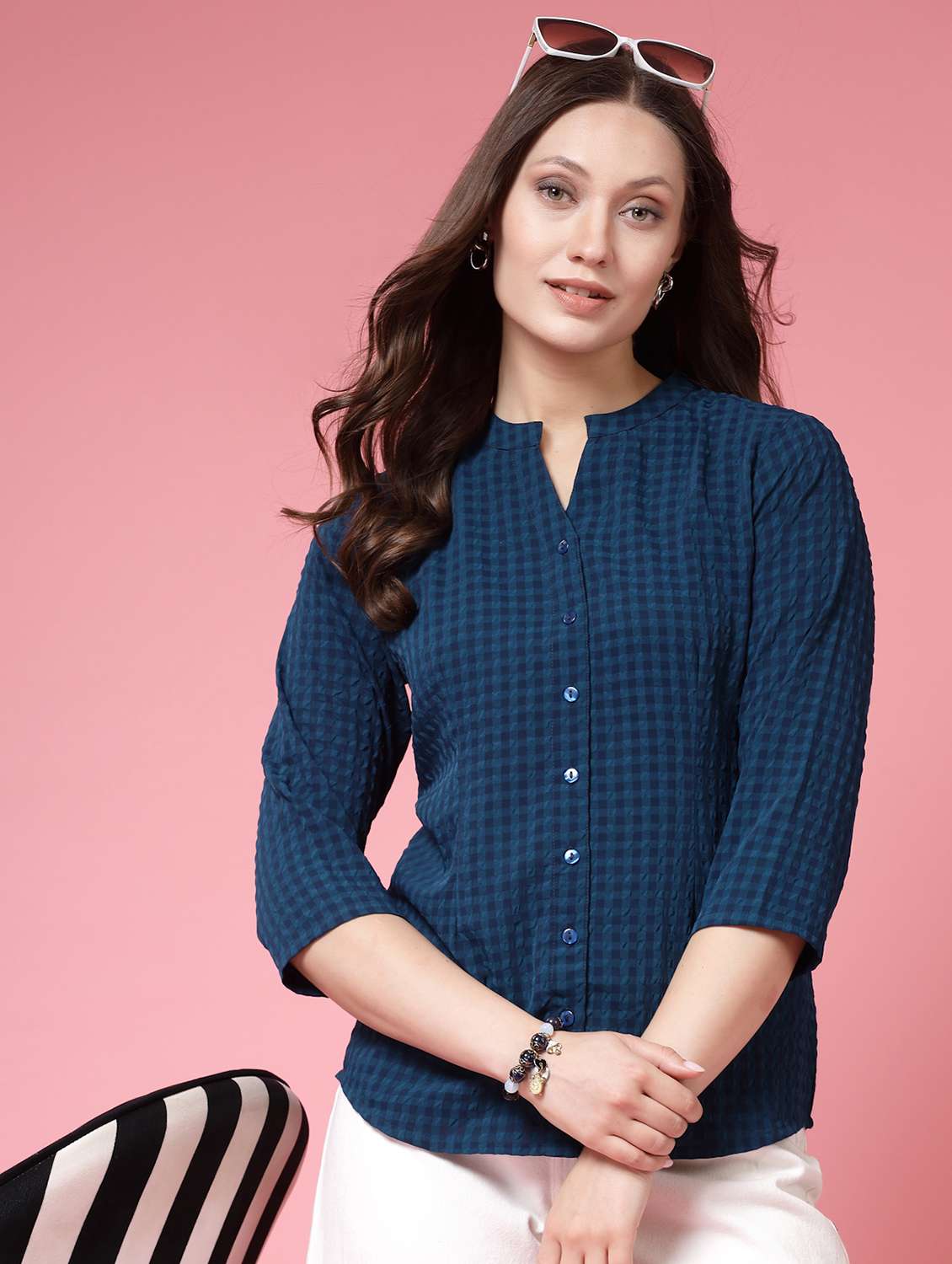 women checkered mandarin neck regular shirt
