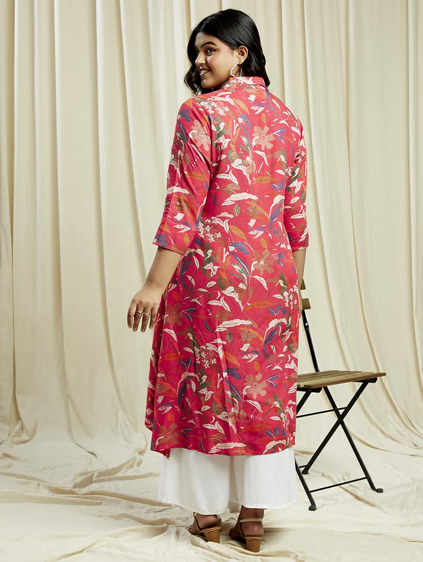 globus gloplus women pink shirt collar floral print button down straight plus size kurta - 21910553 - Standard Image - 2