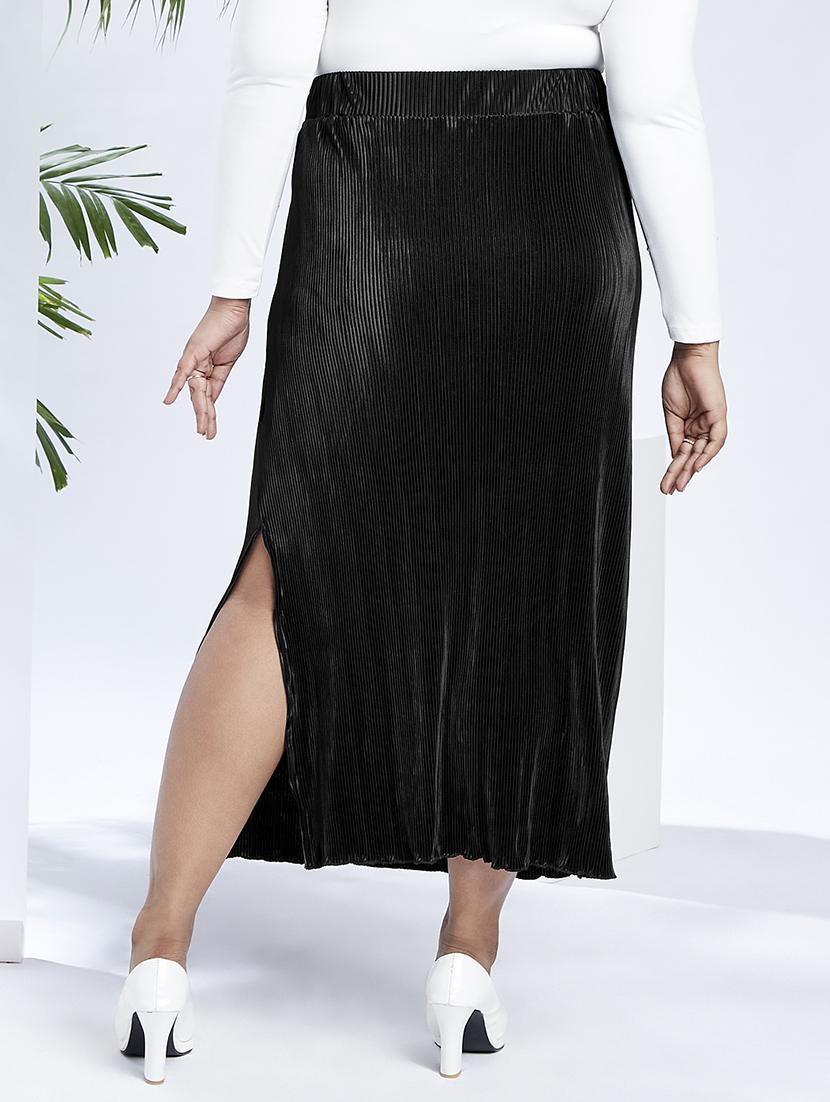 globus gloplus women black mid-rise accodian pleats side slits plus size straight maxi skirt - 21910560 - Standard Image - 2