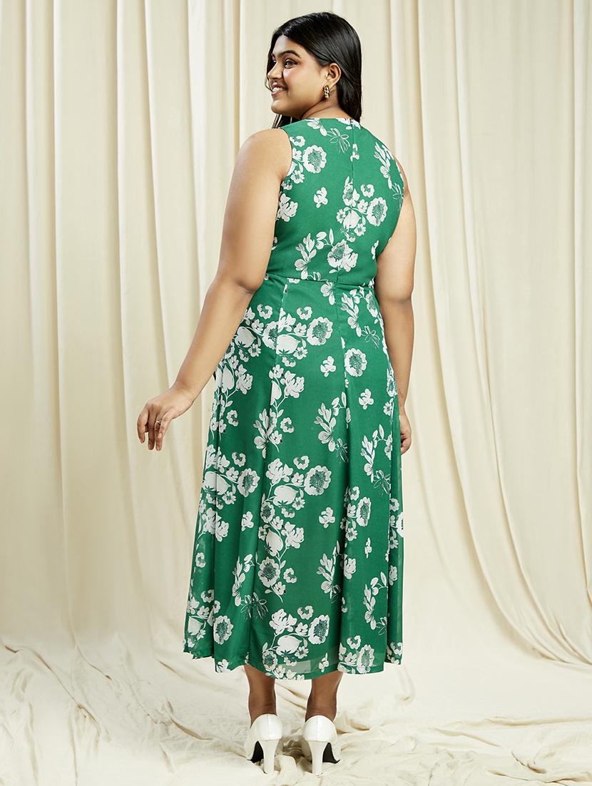 globus gloplus women green v-neck floral print waist tie-up plus size fit & flare midi dress - 21910562 - Standard Image - 2