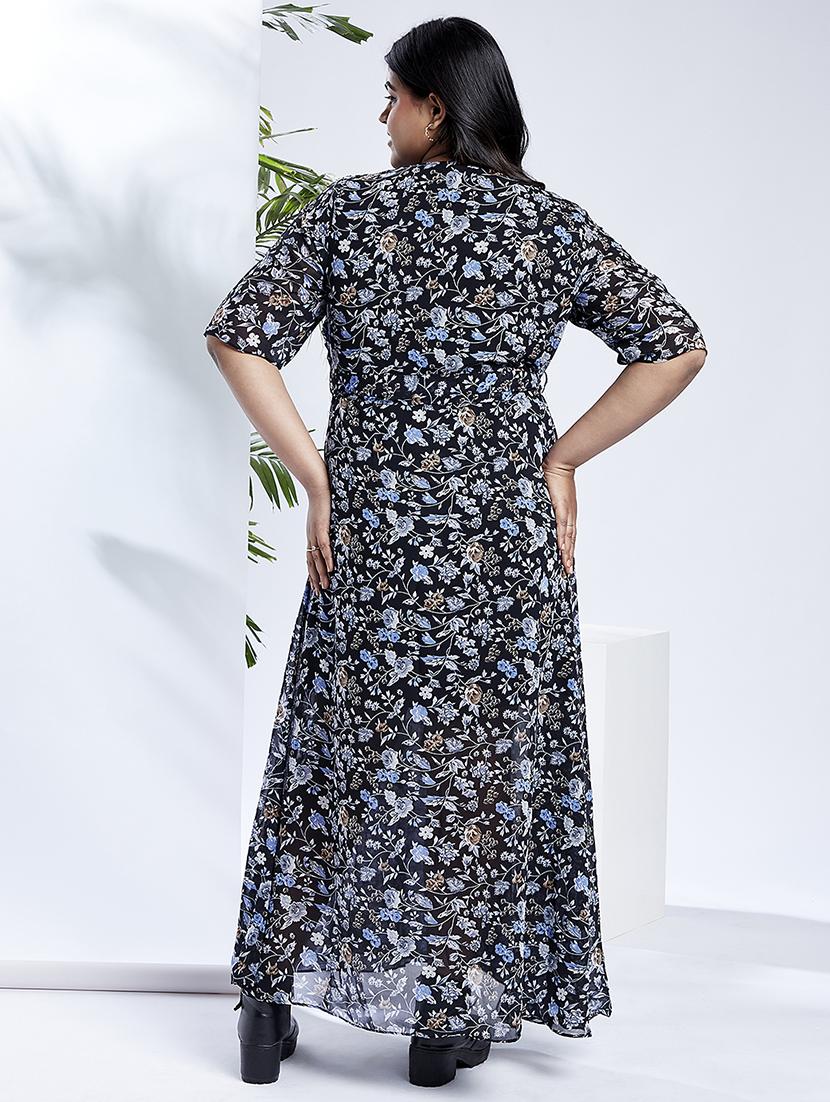 globus gloplus women navy v-neck floral print waist tie-up plus size maxi party wrap dress - 21910564 - Standard Image - 2