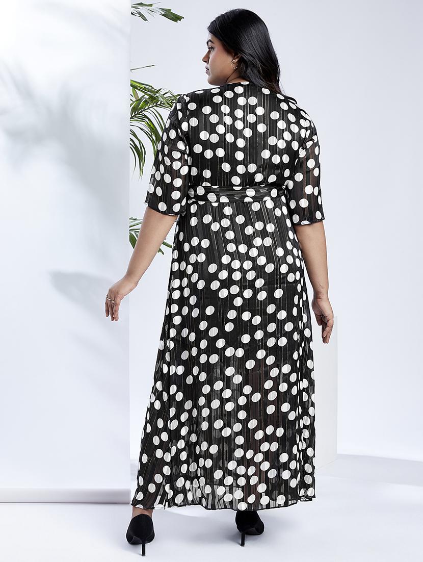 globus gloplus women black v-neck polka dots lurex detail waist tie-up plus size maxi party wrap dress - 21910565 - Standard Image - 2