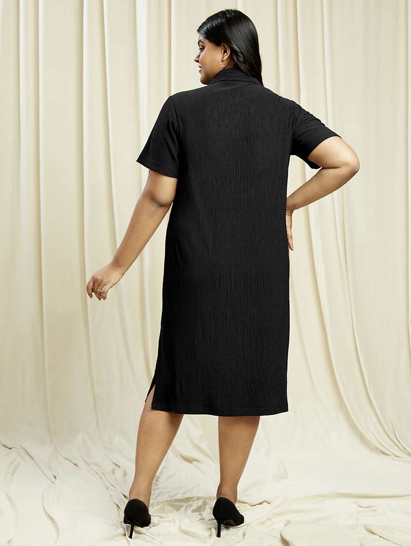 globus gloplus women black shirt collar self design pocket detail side slits plus size midi sheath dress - 21910567 -  Standard Image - 2