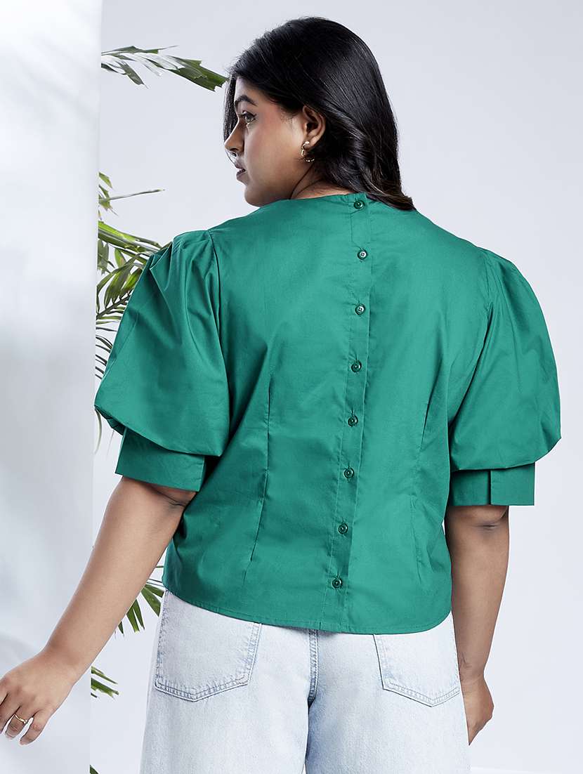 globus gloplus women green puff sleeves round neck back button plus size shirt style workwear top - 21910570 -  Standard Image - 2