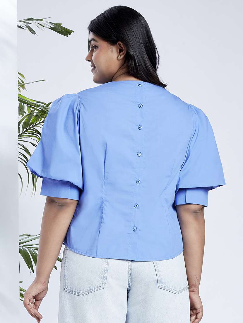 globus gloplus women blue puff sleeves round neck back button plus size shirt style workwear top - 21910571 -  Standard Image - 2