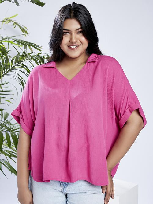 globus gloplus women pink collared v-neck extended sleeves self design plus size top - 21910572 -  Standard Image - 0