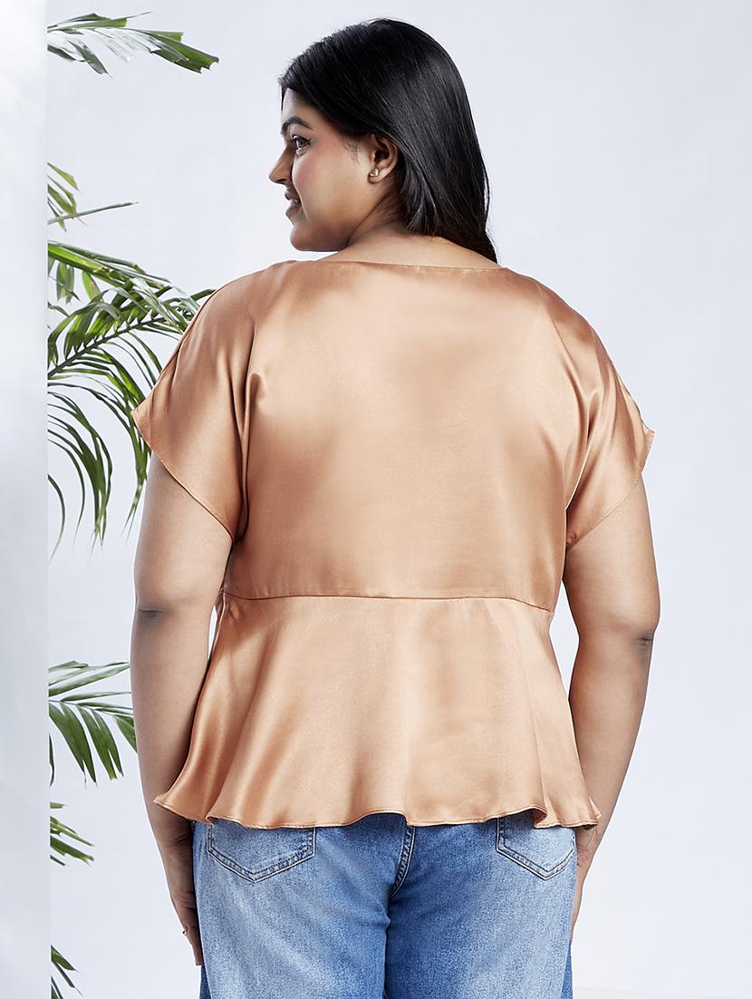 globus gloplus women peach round neck extended sleeves satin peplum plus size workwear top - 21910574 - Standard Image - 2