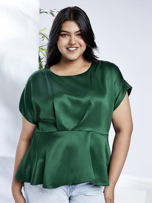 globus gloplus women green round neck extended sleeves satin peplum plus size workwear top - 21910575 -  Standard Image - 0