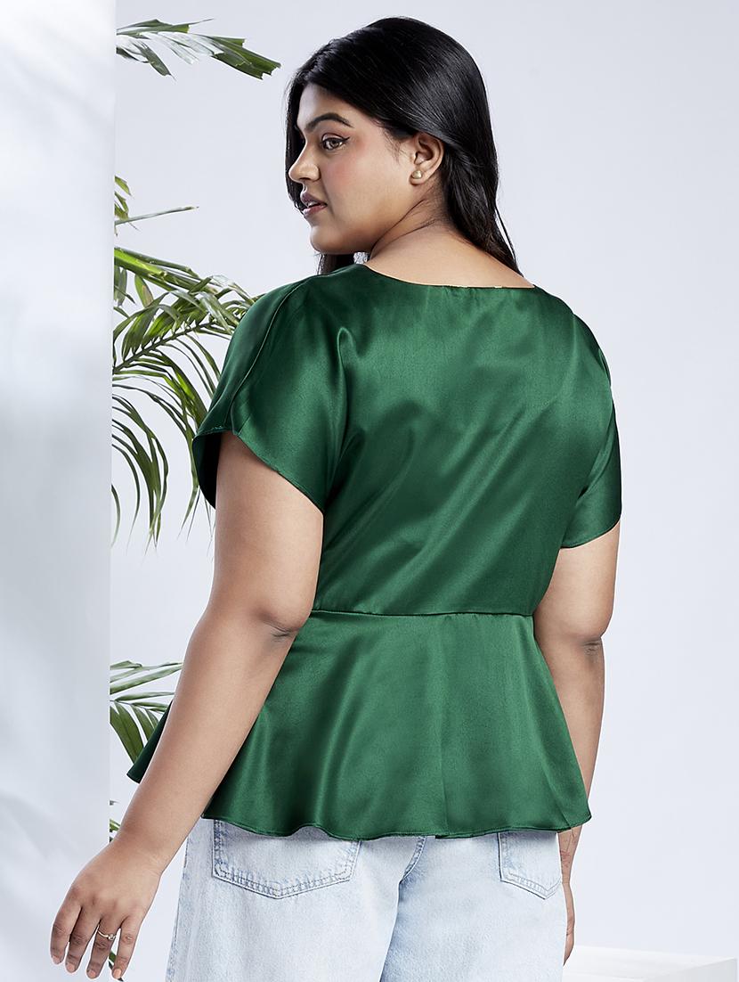 globus gloplus women green round neck extended sleeves satin peplum plus size workwear top - 21910575 - Standard Image - 2
