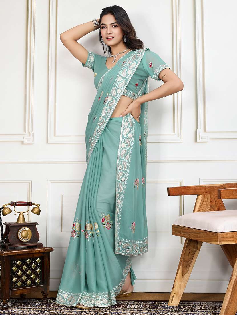 women sea green embroidered saree with blouse - 21910577 -  Standard Image - 2