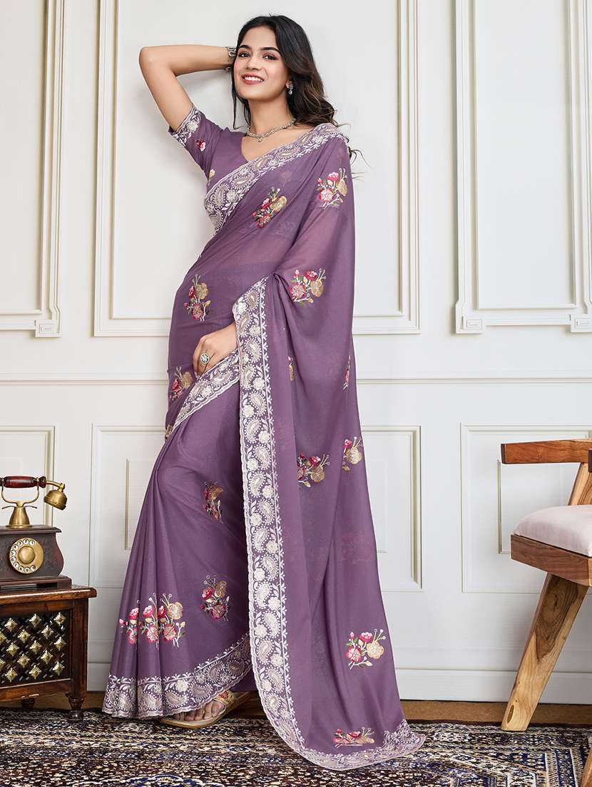 women lavender embroidered saree with blouse - 21910581 -  Standard Image - 2
