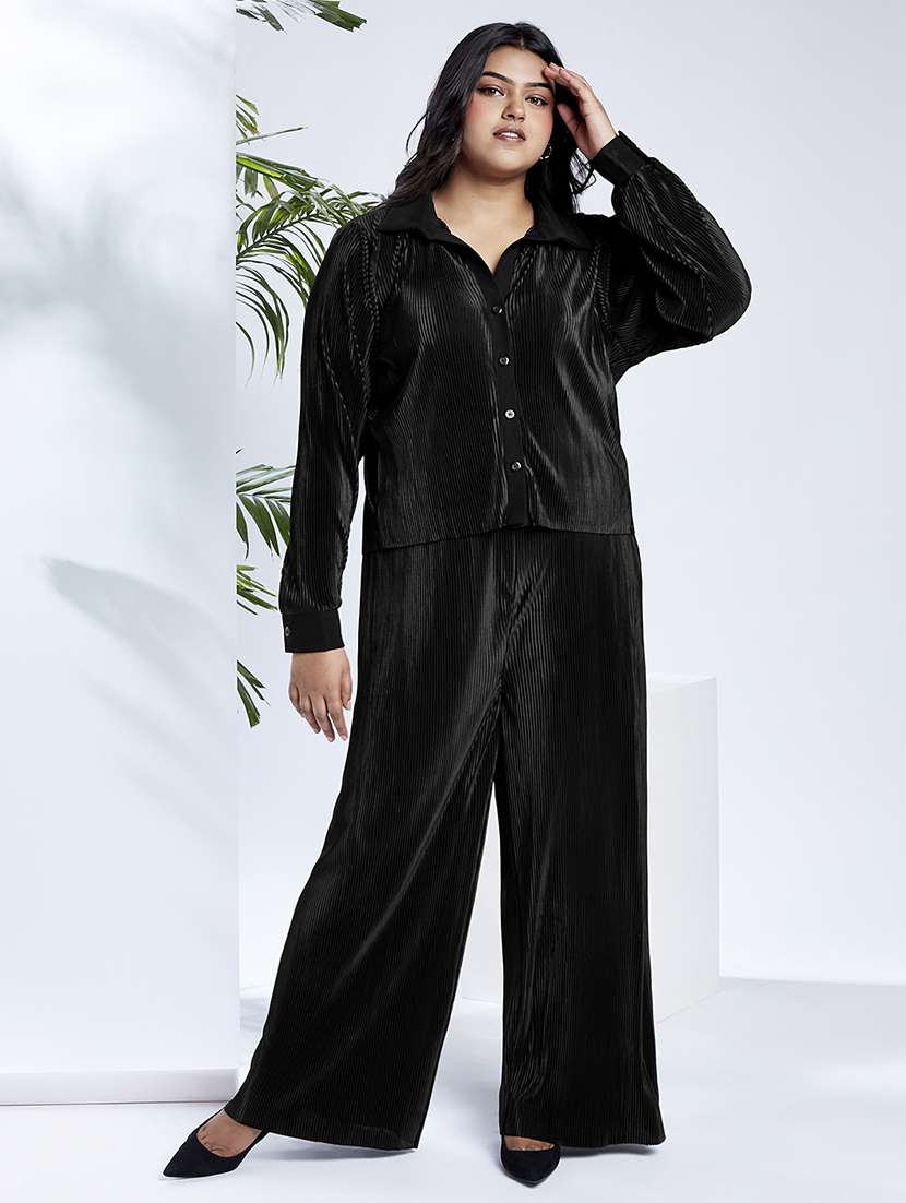globus gloplus women black self design accordian pleats shirt style top with wide leg trousers plus size party co-ord set