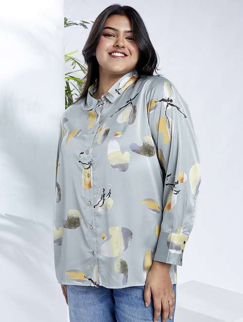 globus gloplus women blue collared neck cuff sleeves abstract print plus size shirt - 21910597 -  Standard Image - 0