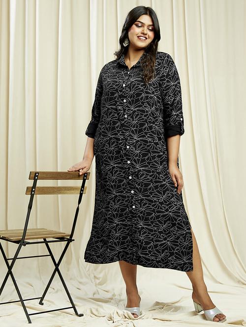 globus gloplus women black collared neck roll-up sleeves floral print front & side slits plus size midi shirt dress - 21910598 - Standard Image - 0