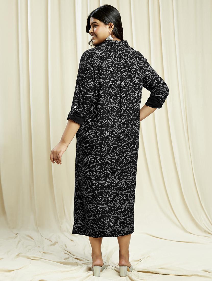 globus gloplus women black collared neck roll-up sleeves floral print front & side slits plus size midi shirt dress - 21910598 - Standard Image - 2