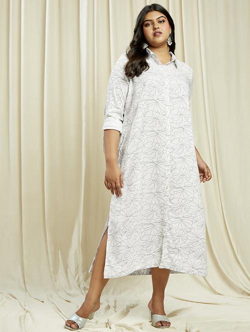 globus gloplus women white collared neck roll-up sleeves floral print front & side slits plus size midi shirt dress - 21910599 - Standard Image - 0