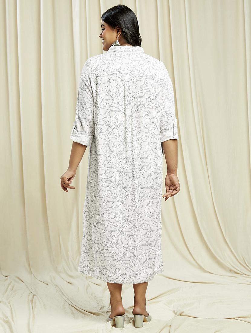 globus gloplus women white collared neck roll-up sleeves floral print front & side slits plus size midi shirt dress - 21910599 - Standard Image - 2