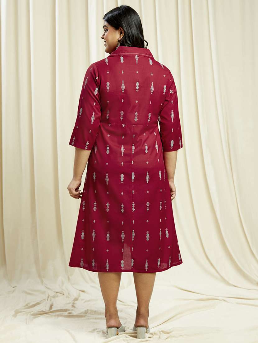 globus gloplus women maroon notch lapel ethnic print button down plus size a-line midi dress - 21910602 -  Standard Image - 2