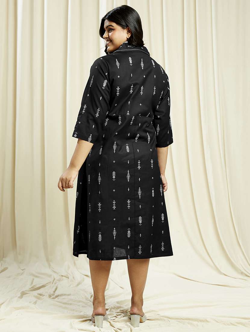 globus gloplus women black notch lapel ethnic print button down plus size a-line midi dress - 21910603 -  Standard Image - 2