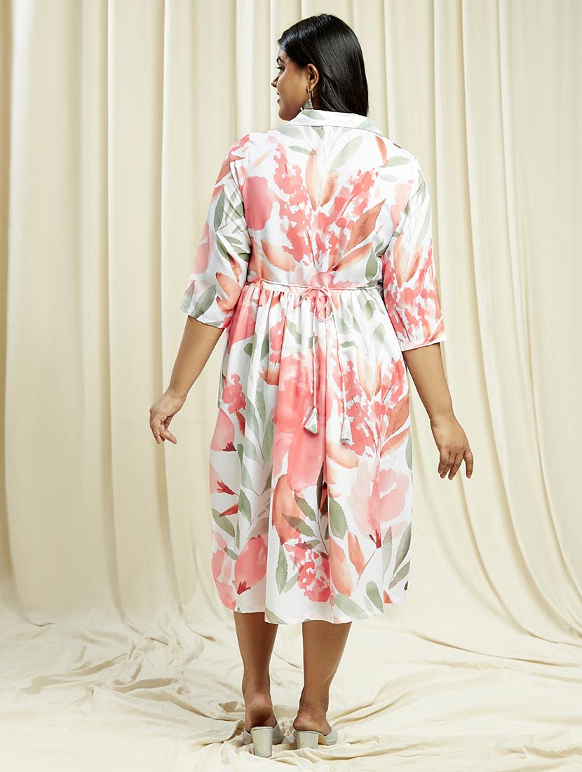 globus gloplus women off white shirt collar floral print gathered plus size a-line midi dress with belt - 21910604 - Standard Image - 2