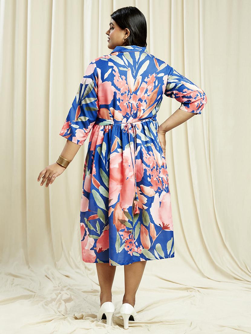 globus gloplus women blue shirt collar floral print gathered plus size a-line midi dress with belt - 21910605 - Standard Image - 2