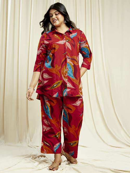 globus gloplus women red abstract print shirt style tunic with wide leg trousers plus size fusion co-ord set - 21910610 -  Standard Image - 0
