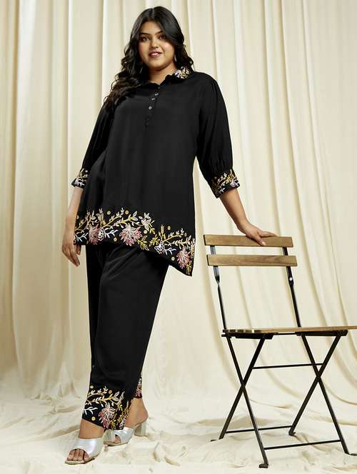 globus gloplus women black embroidered detail shirt style tunic with wide leg trousers plus size fusion co-ord set - 21910612 -  Standard Image - 0