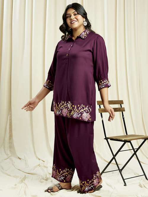 globus gloplus women purple embroidered detail shirt style tunic with wide leg trousers plus size fusion co-ord set - 21910613 -  Standard Image - 0