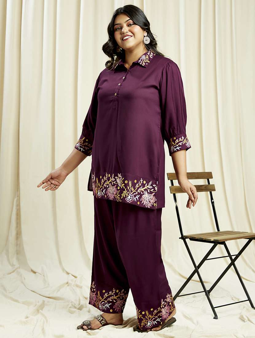 globus gloplus women purple embroidered detail shirt style tunic with wide leg trousers plus size fusion co-ord set