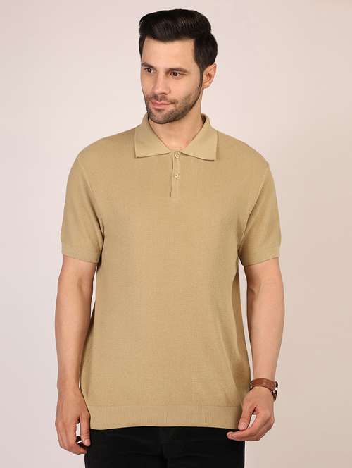 men beige solid short sleeve polo t-shirt - 21910645 - Standard Image - 0