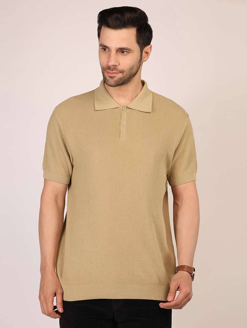 men beige solid short sleeve polo t-shirt - 21910645 - Zoom Image - 0