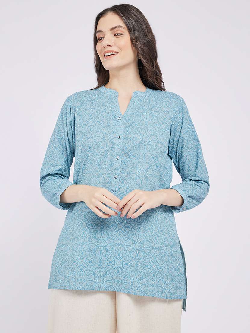 women printed three quarter sleeve a-line kurti