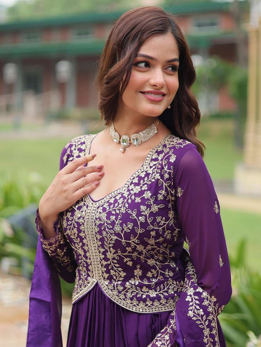 Women Embroidered Long Sleeve Anarkali Kurta Dupatta Set
