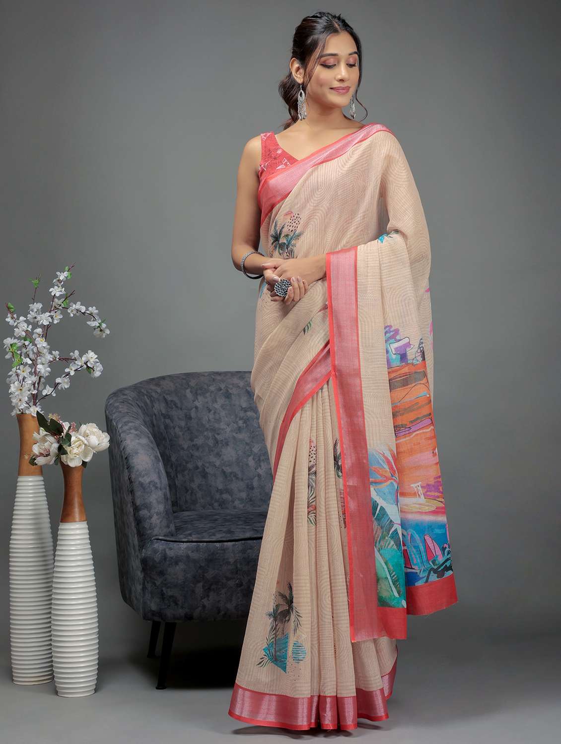 women printed casual wear saree with blouse
