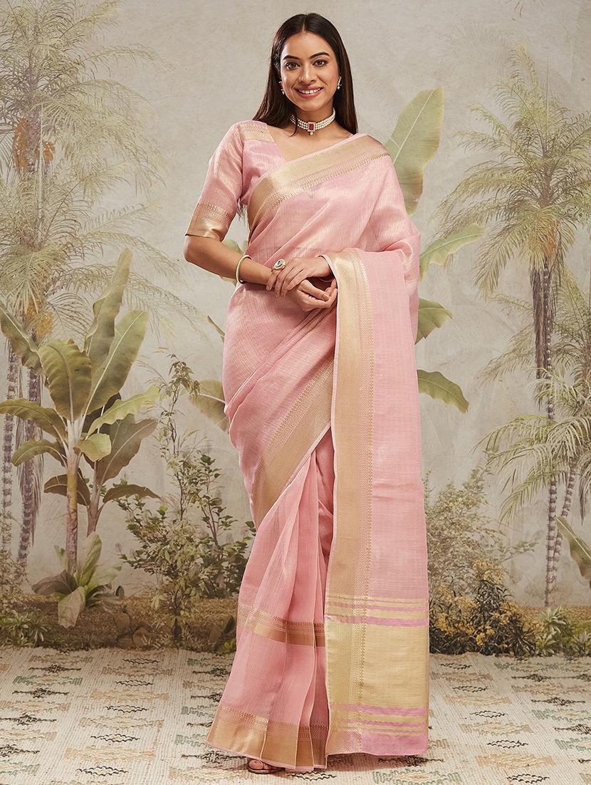 women solid with bordered ready to wear saree with blouse