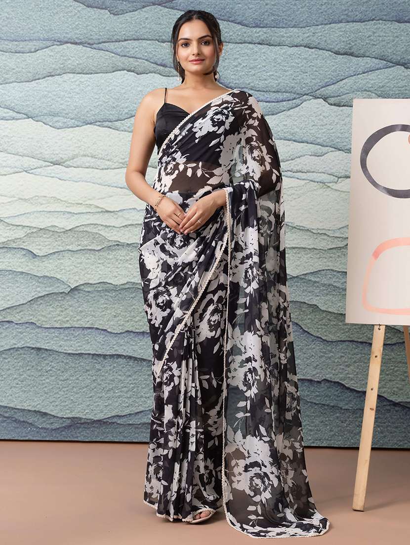 women black floral printed saree with blouse