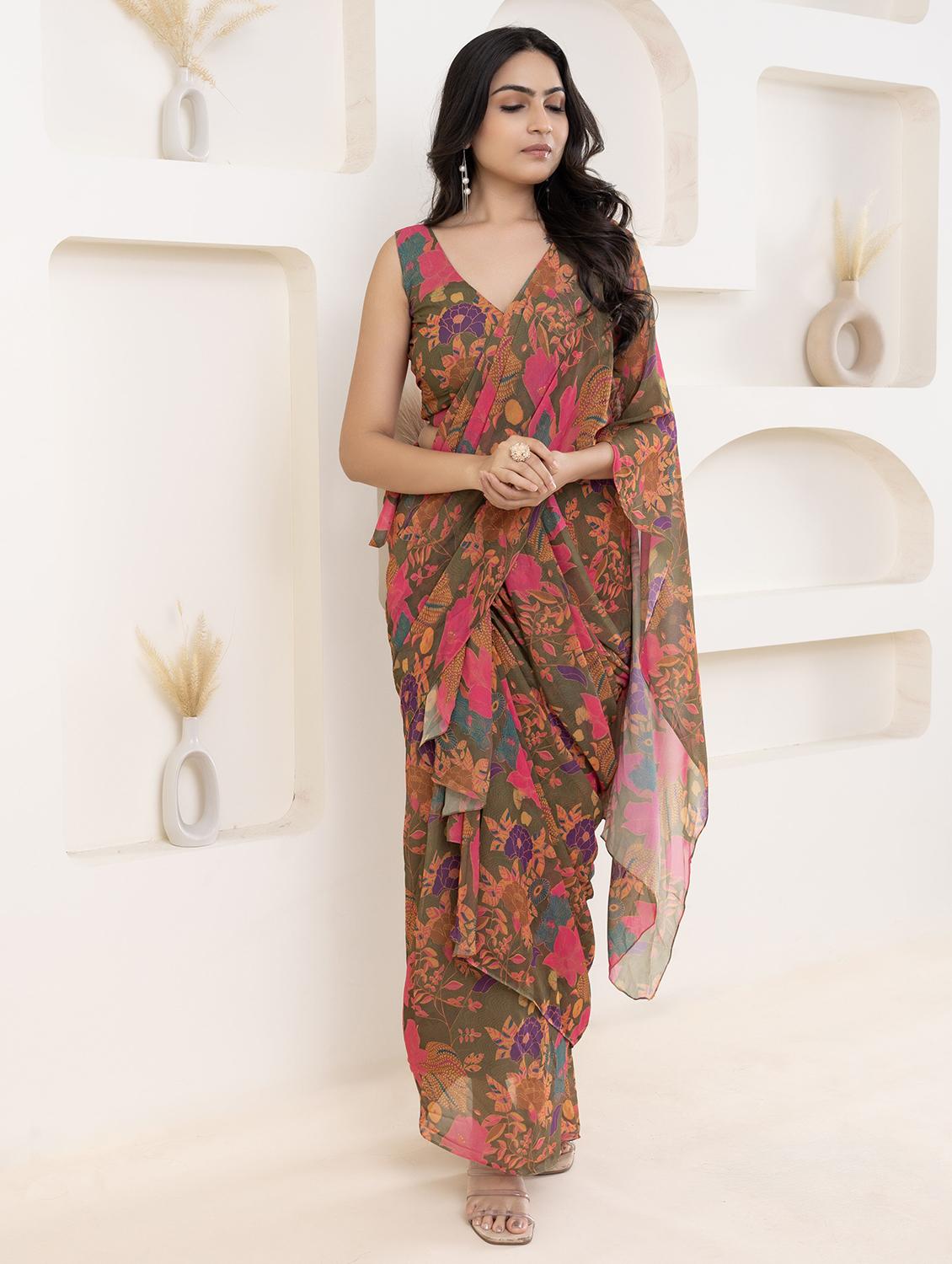 women floral printed ready to wear saree with blouse - 21911981 -  Zoom Image - 0